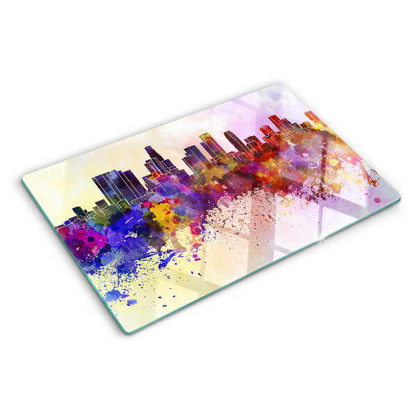 Tagliere in vetro temperato con stampa a acquerello raffigurante uno skyline urbano