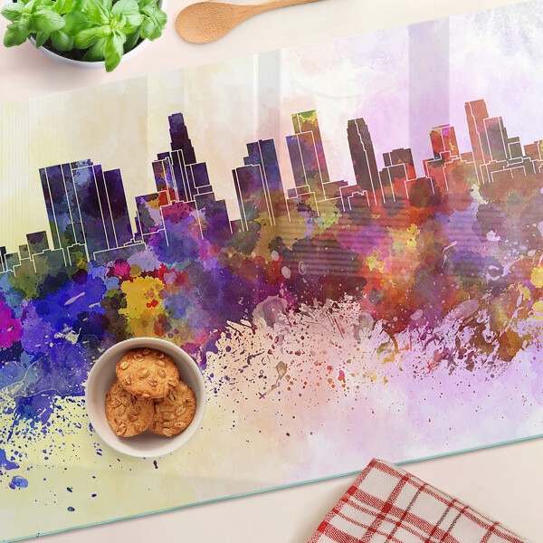 Tagliere in vetro temperato con stampa a acquerello raffigurante uno skyline urbano