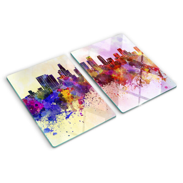 Tagliere in vetro temperato con stampa a acquerello raffigurante uno skyline urbano