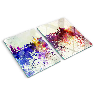 Tagliere in vetro con stampa del panorama della città in macchie colorate