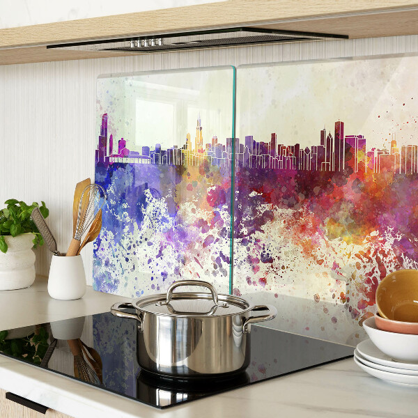 Tagliere in vetro con stampa del panorama della città in macchie colorate