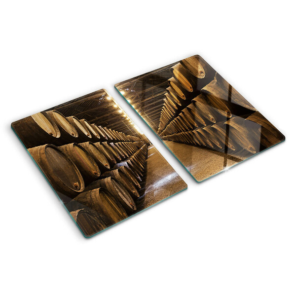 Tagliere in vetro con stampa raffigurante l'interno di una cantina con botti