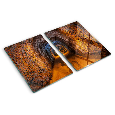 Tagliere in vetro temperato con stampa di un tunnel in una grotta e illuminazione
