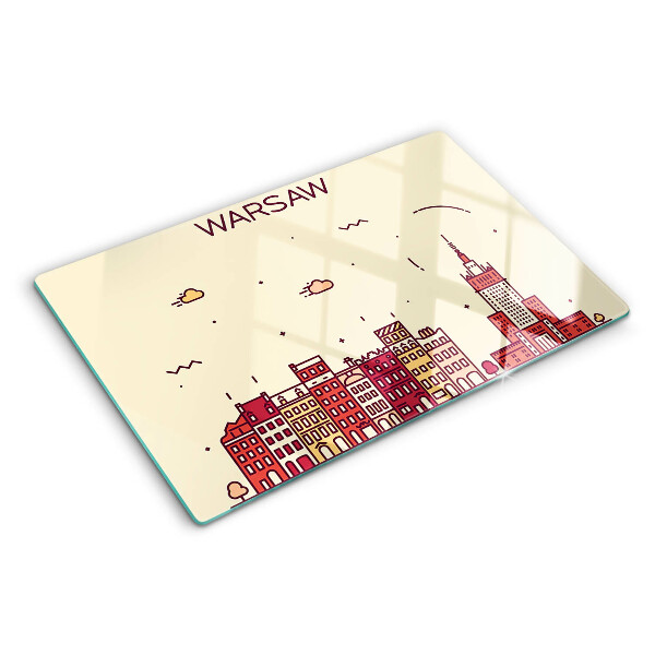 Tagliere in vetro temperato con stampa raffigurante le case popolari di Varsavia e il Palazzo della Cultura