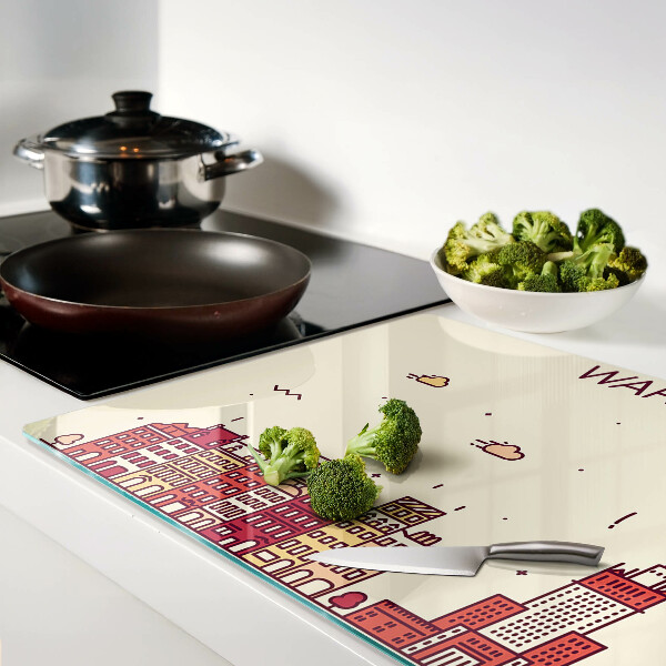 Tagliere in vetro temperato con stampa raffigurante le case popolari di Varsavia e il Palazzo della Cultura