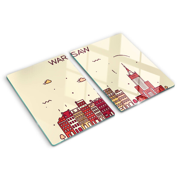 Tagliere in vetro temperato con stampa raffigurante le case popolari di Varsavia e il Palazzo della Cultura