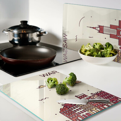 Tagliere in vetro temperato con stampa raffigurante le case popolari di Varsavia e il Palazzo della Cultura