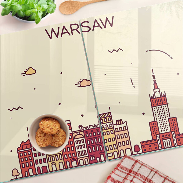 Tagliere in vetro temperato con stampa raffigurante le case popolari di Varsavia e il Palazzo della Cultura