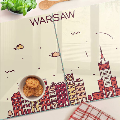 Tagliere in vetro temperato con stampa raffigurante le case popolari di Varsavia e il Palazzo della Cultura