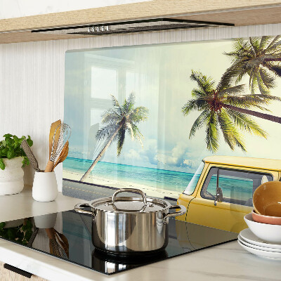 Tagliere in vetro temperato con stampa della spiaggia con palme e auto
