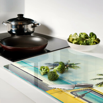 Tagliere in vetro temperato con stampa della spiaggia con palme e auto