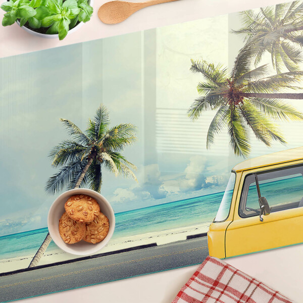Tagliere in vetro temperato con stampa della spiaggia con palme e auto
