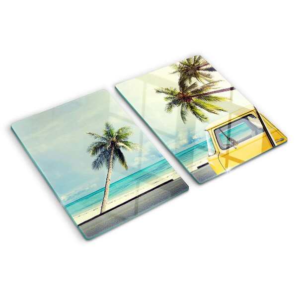 Tagliere in vetro temperato con stampa della spiaggia con palme e auto