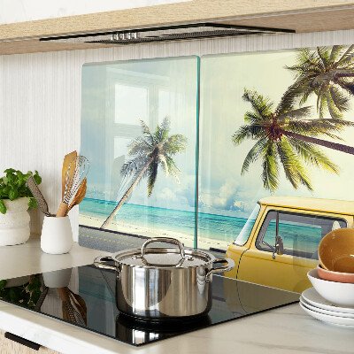 Tagliere in vetro temperato con stampa della spiaggia con palme e auto