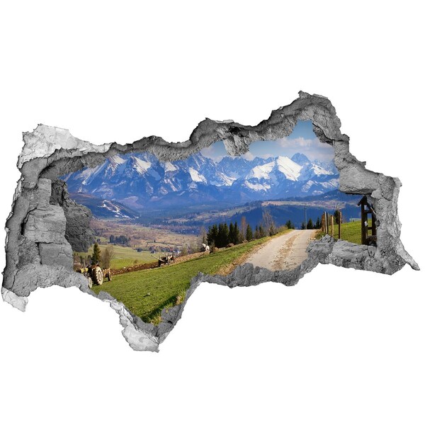 Sticker effetto rottura muro Paesaggio montano dietro il buco nel muro