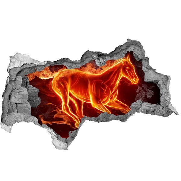 Adesivo con vista dietro il muro Cavallo in fiamme in un buco nel muro