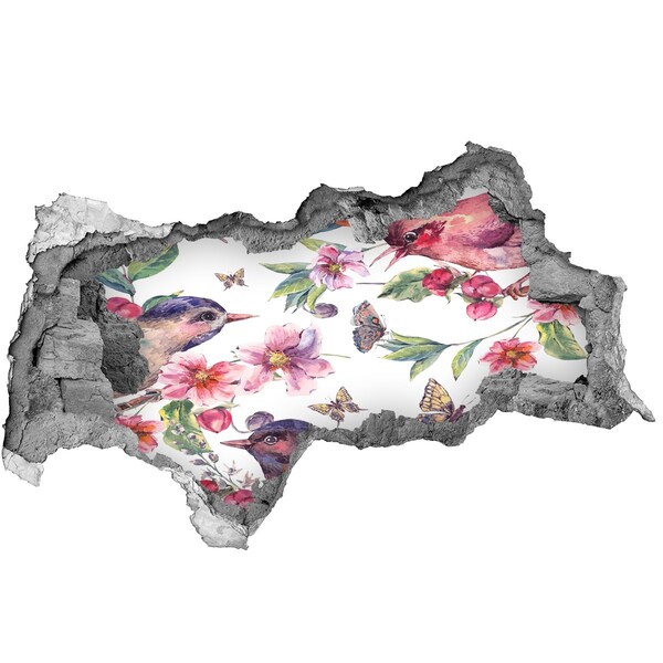 Sticker effetto rottura muro Un paradiso floreale con uccelli e farfalle