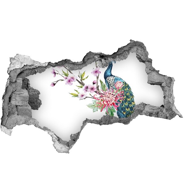 Adesivo con vista dietro il muro Pavone tra i fiori