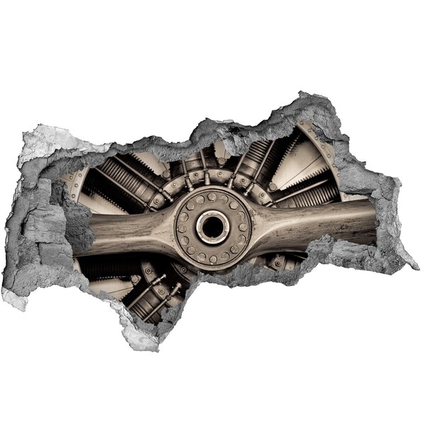 Adesivo con vista dietro il muro Motore di aereo in un muro danneggiato