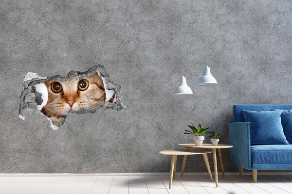Sticker effetto rottura muro Il gatto dietro il buco nel muro