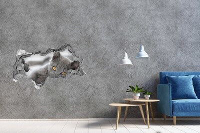 Sticker effetto rottura muro Gatto grigio in un buco nel muro