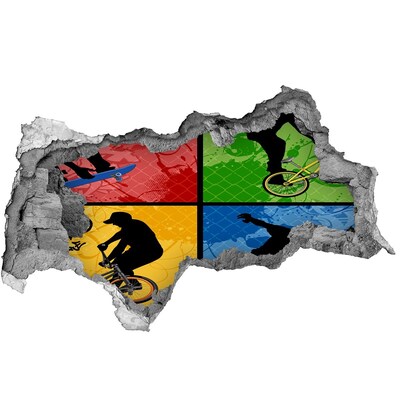 Adesivo con vista dietro il muro Lo skateboard in azione