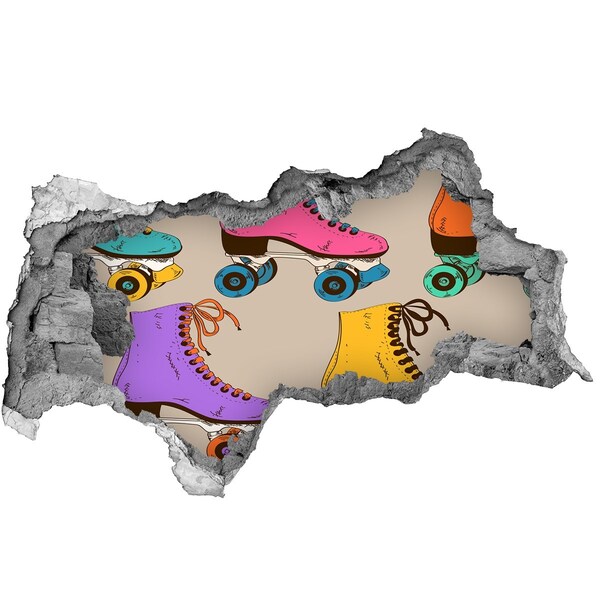 Adesivo con vista dietro il muro Pattini a rotelle colorati in un buco nel muro