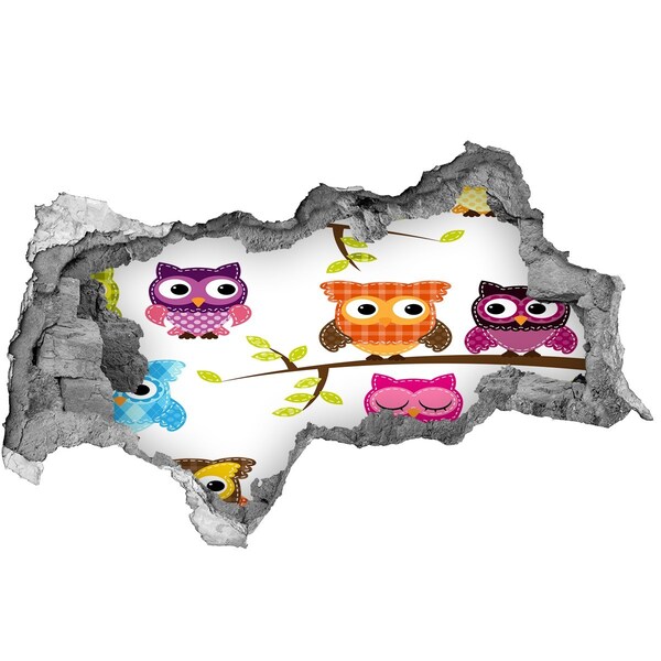 Adesivo con vista dietro il muro Gufi colorati su un ramo