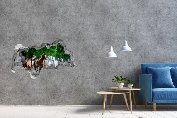 Adesivo con vista dietro il muro Una mandria di cavalli in fuga