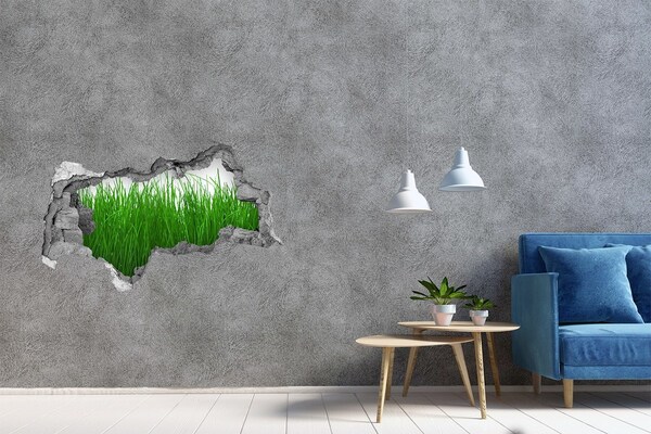 Adesivo con vista dietro il muro Un prato verde visibile attraverso un buco nel muro