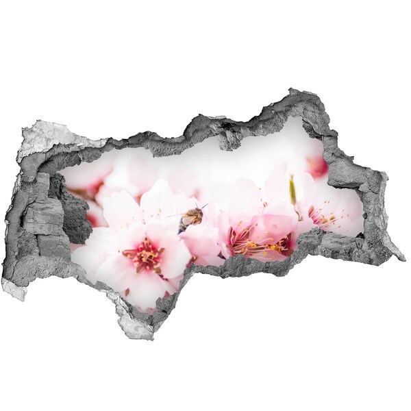 Sticker effetto rottura muro Fiori di ciliegio con un'ape