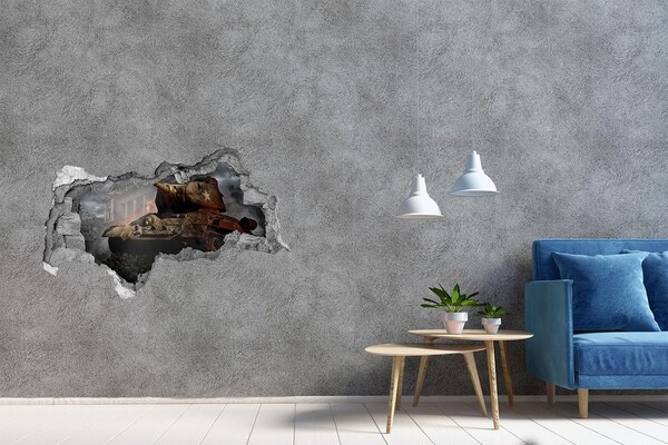 Decorazione da parete buco nel muro Carro armato tra le rovine della città