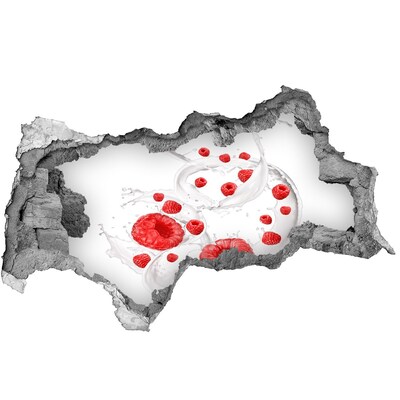 Adesivo con vista dietro il muro Esplosione di lamponi nel latte