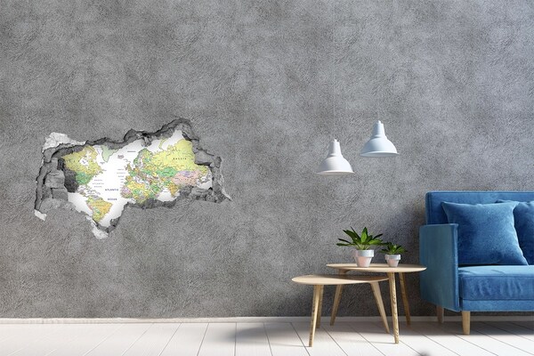 Adesivo con vista dietro il muro Mappa del mondo in un buco nel muro