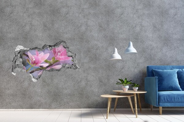 Adesivo con vista dietro il muro Fiori di magnolia in un buco nel muro