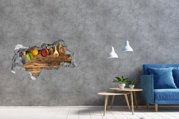 Sticker effetto rottura muro Spezie da cucina su un piano di lavoro in legno