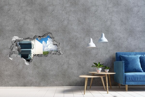 Adesivo con vista dietro il muro Un camion sulla strada attraverso un buco nel muro