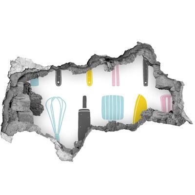 Adesivo con vista dietro il muro Utensili da cucina in un buco nel muro