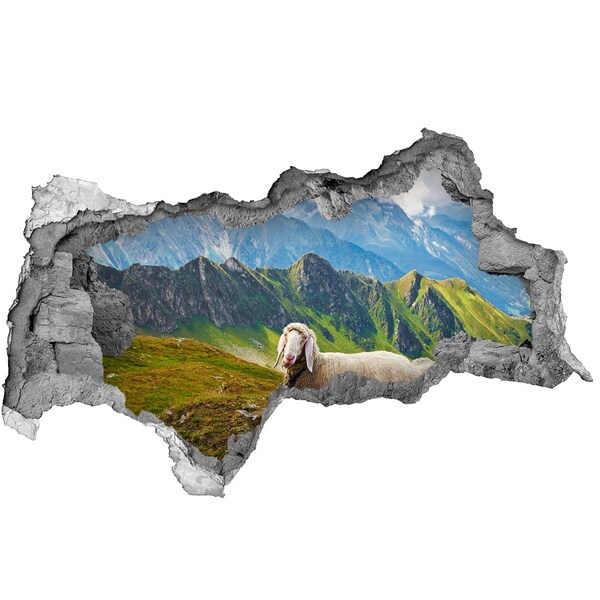 Sticker effetto rottura muro Prato di montagna con pecore