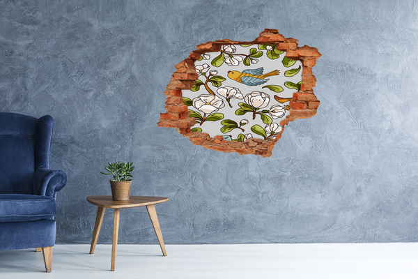 Adesivo murale buco 3D Paradiso fiorito con un uccello