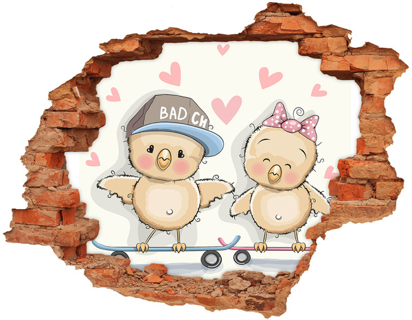 Adesivo murale buco 3D Uccellini carini su uno skateboard