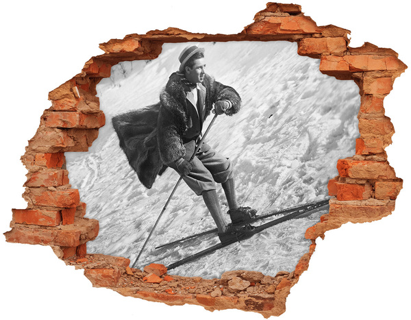 Adesivo effetto buco nel muro Sciatore invernale in stile retrò