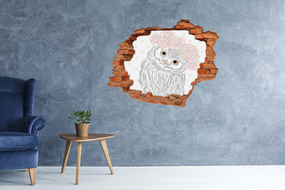 Adesivo murale buco 3D Gufo con rose