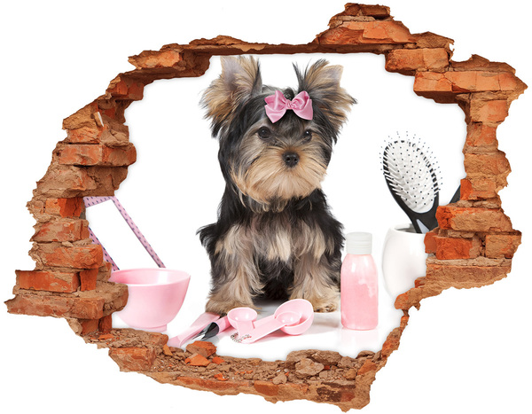 Adesivo murale buco 3D Un dolce Yorkshire Terrier con un fiocco rosa