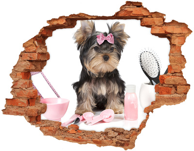 Adesivo murale buco 3D Un dolce Yorkshire Terrier con un fiocco rosa