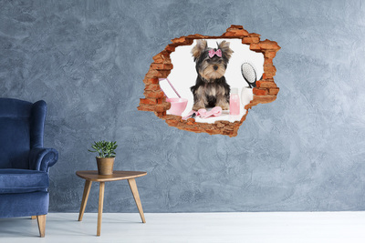 Adesivo murale buco 3D Un dolce Yorkshire Terrier con un fiocco rosa