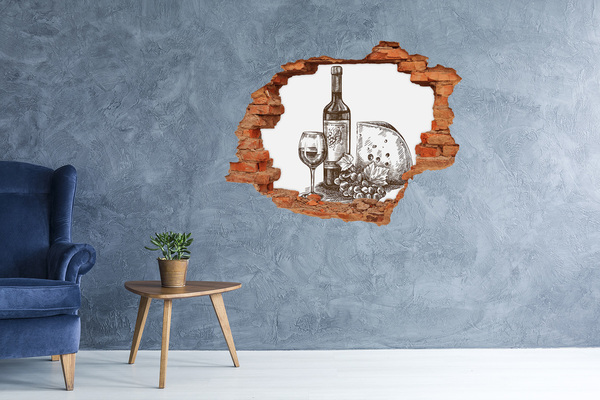 Adesivo con buco sbrecciato Vino e formaggio sullo sfondo di un muro danneggiato.