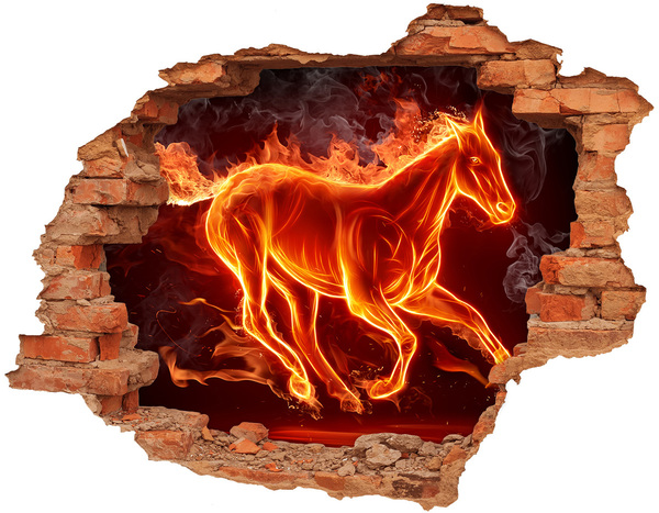 Adesivo murale buco 3D Cavallo in fiamme in un buco nel muro