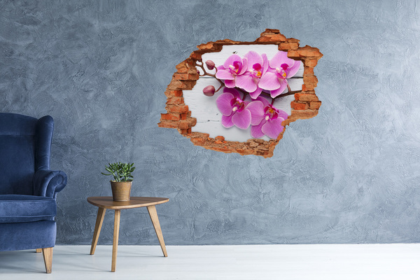 Adesivo murale buco 3D Fiori di orchidea che spuntano da un buco nel muro