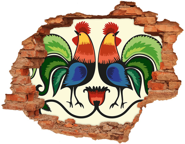Adesivo murale buco 3D Galli colorati sullo sfondo del muro